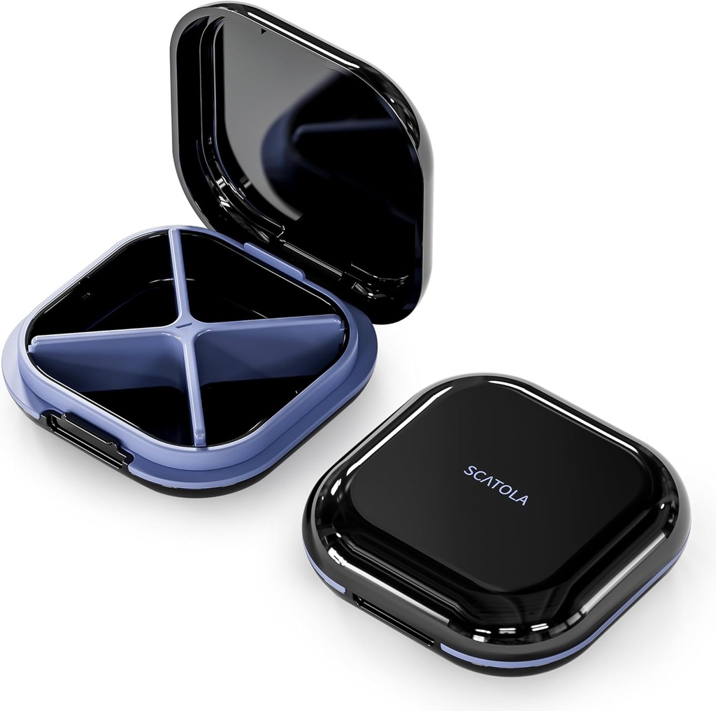 Küçük Pill Case, Seyahat Pill Box, Portre Pill Organizer, Pocket 4 Karşılaştırma için Pill Konteyner, Günlük Compact Seyahat Tıp Dereceleri Vitaminler (Black)