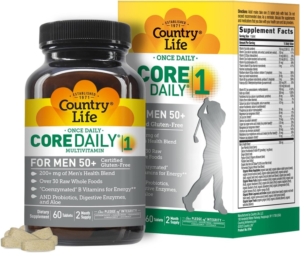 Country Life CORE Daily-1 Multivitamin for Men 50+ - Gluten-Free, Energy Support with Coenzymated B Vitamins, Probiyotiks, Whole Food and Digestive Enzymes, sertifikalı Gluten Free, 60 Tabletler