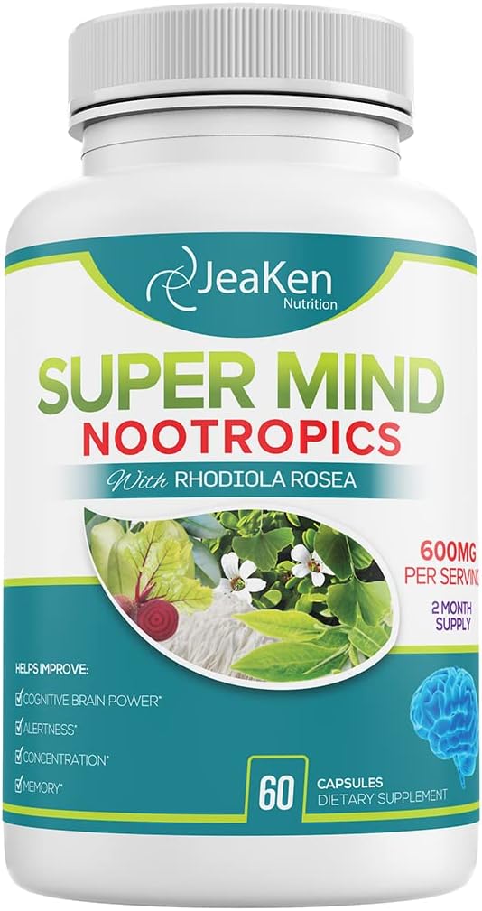 Super Mind - Nootropics Cognitive Advancedr - Brain Boost Supplement with Natural Materialss - Bacopa Monnieri - Rhodiola Rosea - Ginkgo Biloba - B12-60 Vegan Capsules ABD'de Yapıldı