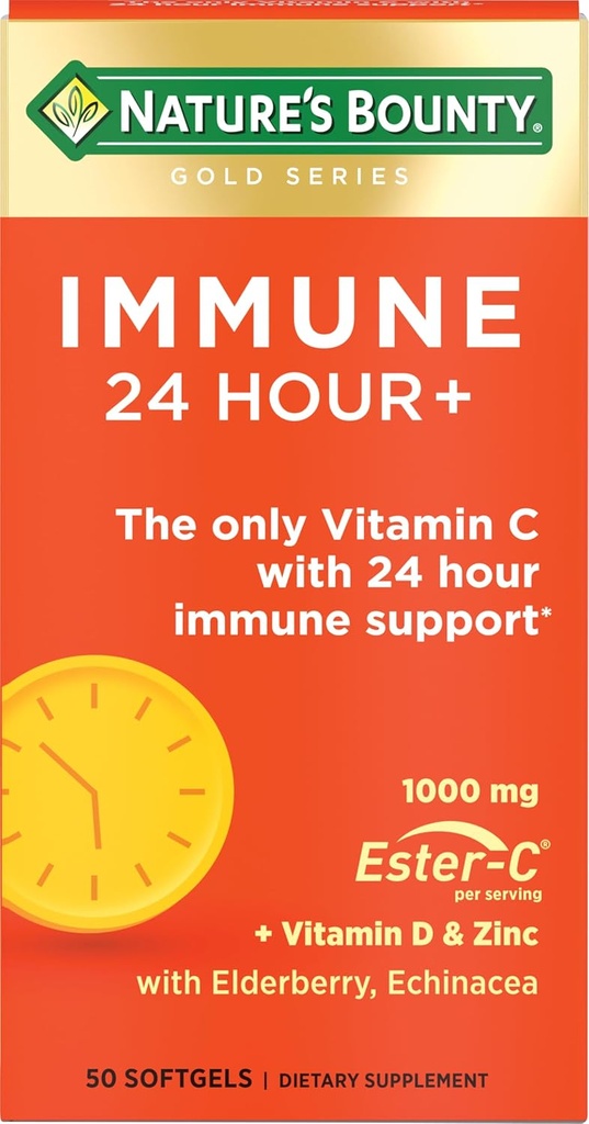 Nature's Bounty Immune 24 Saat +, Ester-C, 1000 mg C, D & çinko, Gluten Free, Hızlı Yayın Softgels, günde 2 Softgels, günde 50