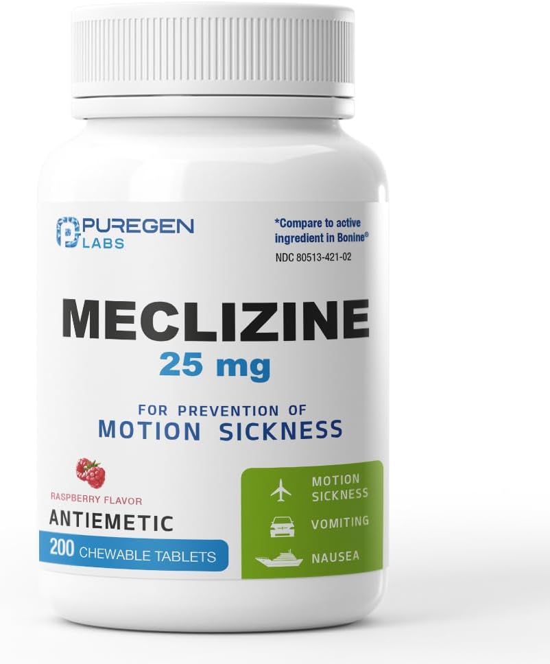 Puregen Labs Meclizine 25 mg Antiemetic 200 çiğnebilir Tabletler | Hareket Hastalığı Yardımı - Nausea, Vomiting ve Dizziness | Süt Free | ABD'de Yapılabilir Tabletler | Değer Paketi - 200