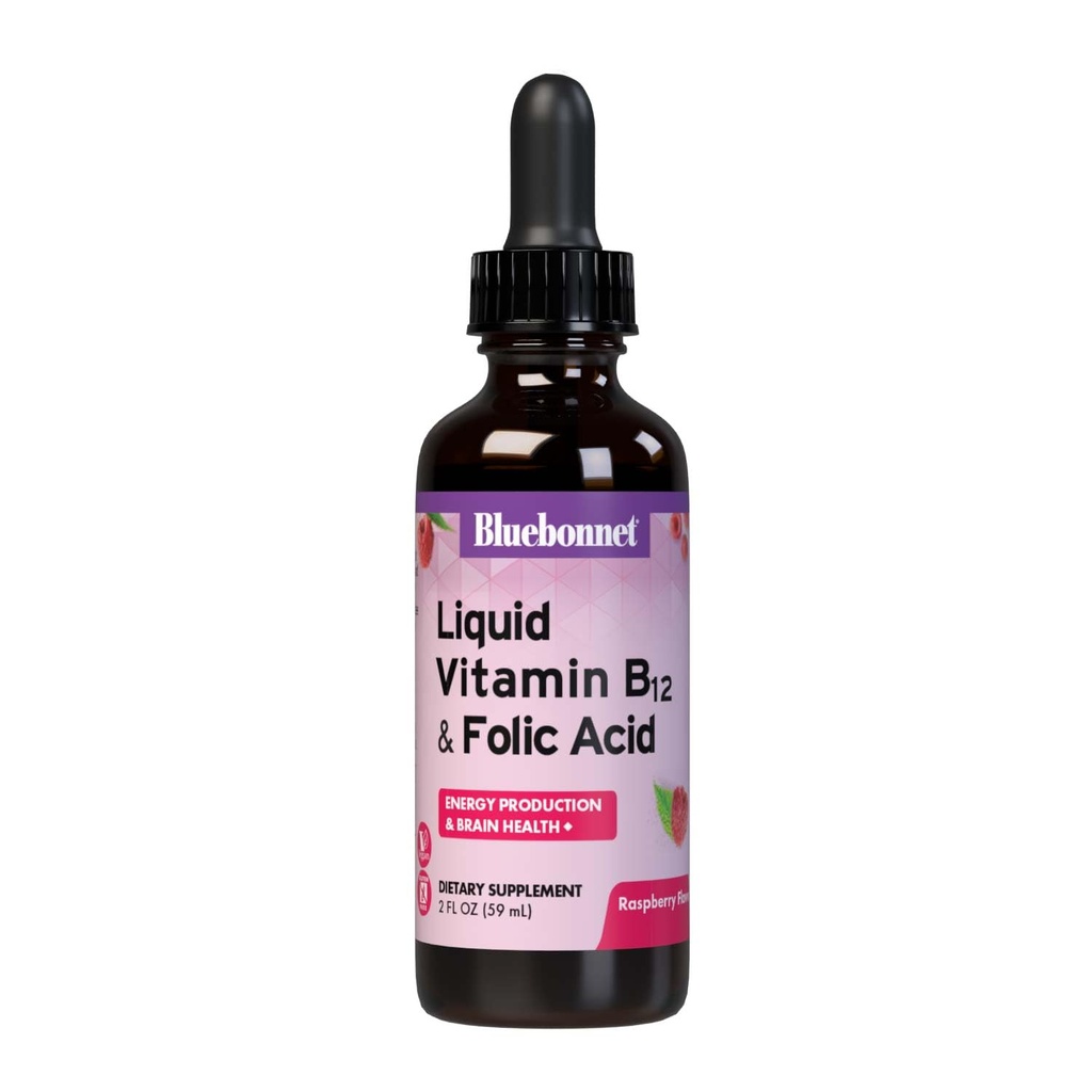 Bluebonnet Beslenme Vitamini B12 & Folic Asit, Enerji Boost*, Soy-Free, Gluten-Free, Dairy-Free, Vegan, 400 mcg of Folic Acid & 1000 mcg of B12 Per Service, 2 f oz, 59 Servisler