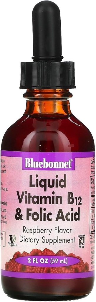 Bluebonnet Beslenme Vitamini B12 & Folic Asit, Enerji Boost*, Soy-Free, Gluten-Free, Dairy-Free, Vegan, 400 mcg of Folic Acid & 1000 mcg of B12 Per Service, 2 f oz, 59 Servisler