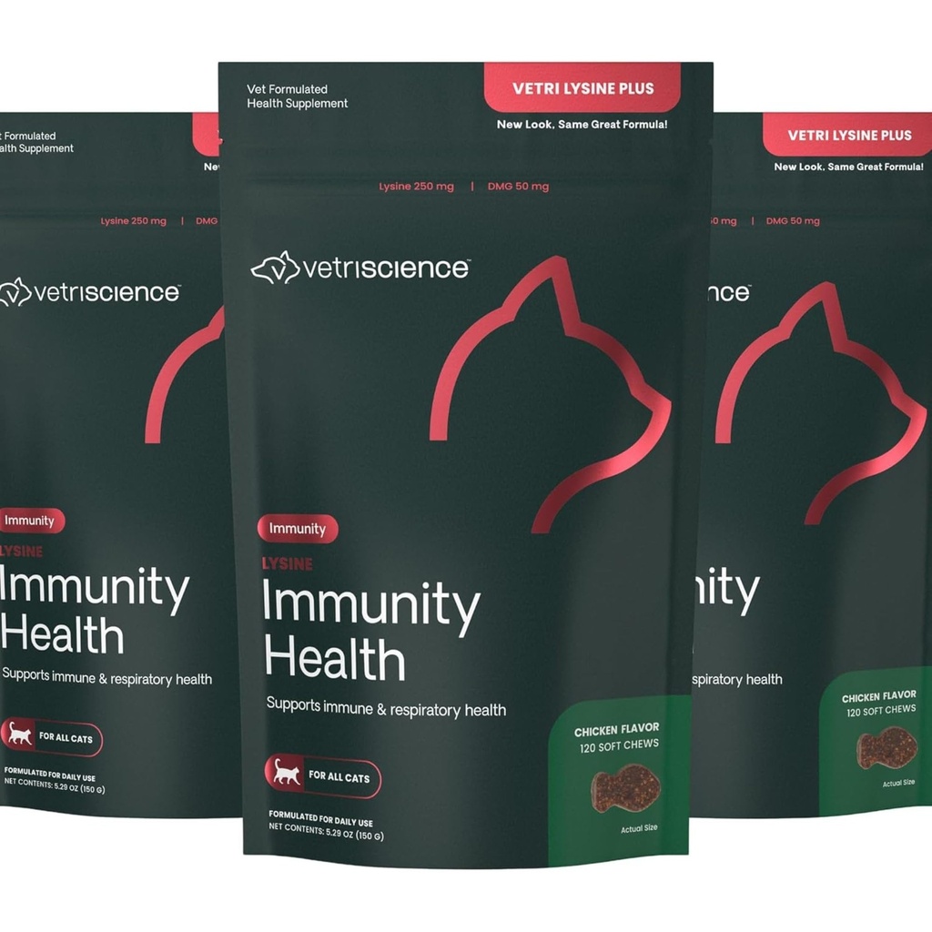 Vetri Science Lysine Immunity Health Chews, 250 mg Lysine Plus Immune Supplement for Cats and Kittens with Allergies, Sneezing, Runny Nose and Watery Eyes, Chicken, 3 Pack