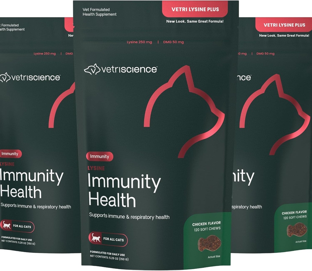 Vetri Science Lysine Immunity Health Chews, 250 mg Lysine Plus Immune Supplement for Cats and Kittens with Allergies, Sneezing, Runny Nose and Watery Eyes, Chicken, 3 Pack