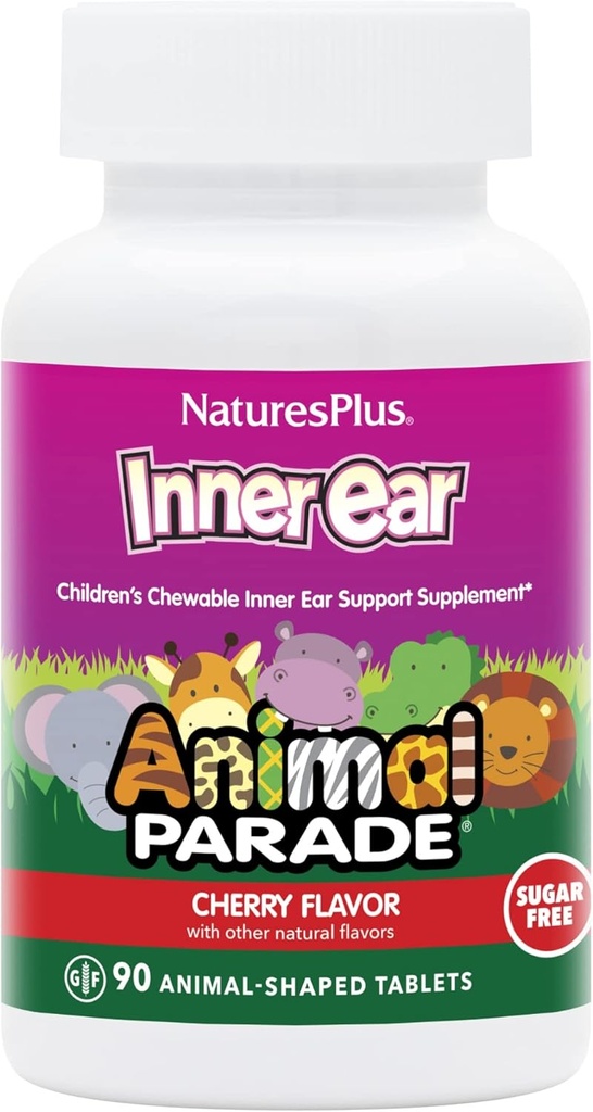 Natures Plus Animal Parade Inner Ear Support Children’s Chewable - Natural Cherry Flavor - 90 Animal-Shaped Tablets - Probiotic Supplement - Gluten Free - 45 Servings
