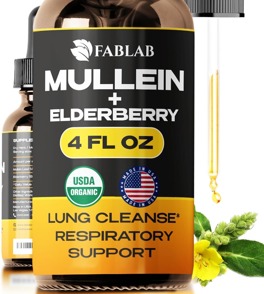 FabLab Mullein Leaf Extract with Elderberry 4 Fl Oz - Amerika'da Yapıldı - Daha İyi Lung için Merdiven - Lung Detox için Merdiven - Bronchial Cleanse for Smokers - Respiratory Herbal Supplement
