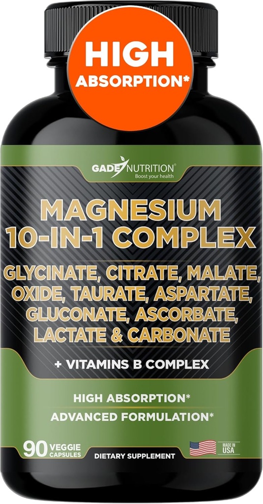 Gade Nutrition Magnesium Complex 10 in 1 - Γλυκινικό, Κιτρικό, Μηλεϊνό, Οξείδιο, Ταυρικό, Ασπαρτικό, Γλυκονικό Ασκορβικό γαλακτικό ανθρακικό ψευδάργυρο Χαλκός Μαγγάνιο & Βιταμίνες (90 Count (Pack of 1))