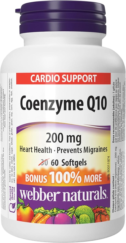 Webber Naturals Coenzyme Q10 (CoQ10) 200 mg, 60 Softgels, High Potency Antioxy, For Heart Health and Cellular Energy Production, 60 Day Supply, Gluten Free