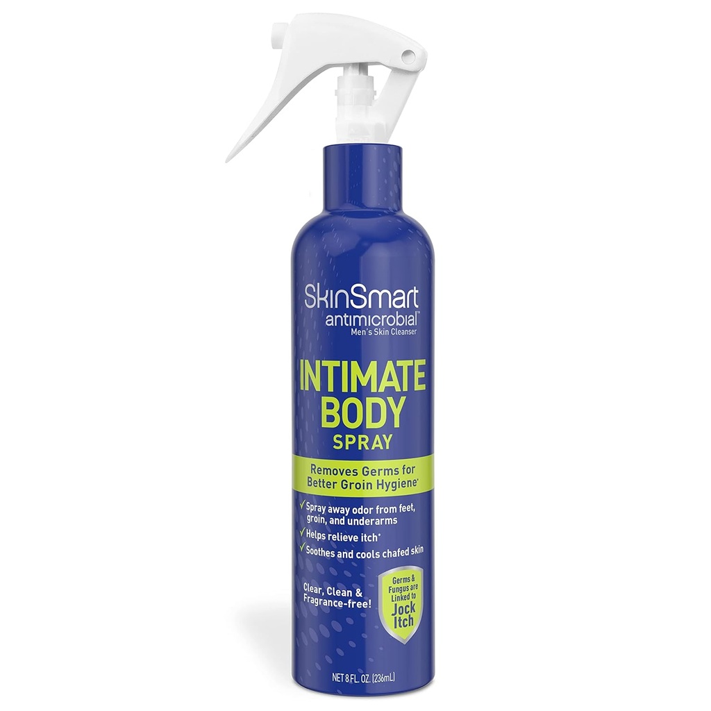 SkinSmart Men's Intimate Spray, hipo klorusif bir şişede duş, Jock Itch ve Foul Odors ile bağlantılı Rech ve Foul Odors ile 8 oz Sprey Şişe Şişe