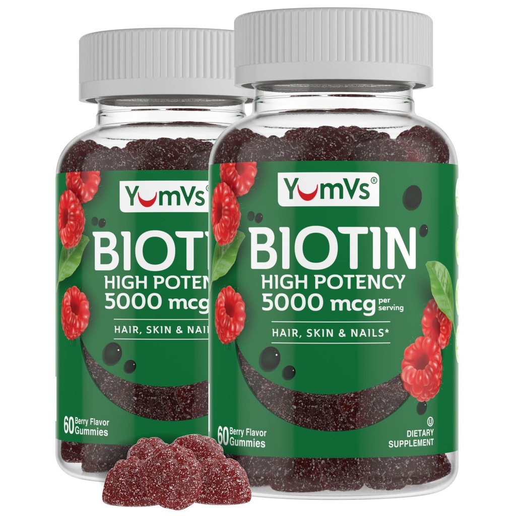 YumVs Biotin Gummies 5000 Live - Luscious Raspberry Flavor - Kadın veya Erkekler için Hızlı Saç Büyümeleri - Saç, Skin & Nails Vitaminleri - Saç Gummy - Vegetarian Biotin Supplement (60 Ct., 2pk)
