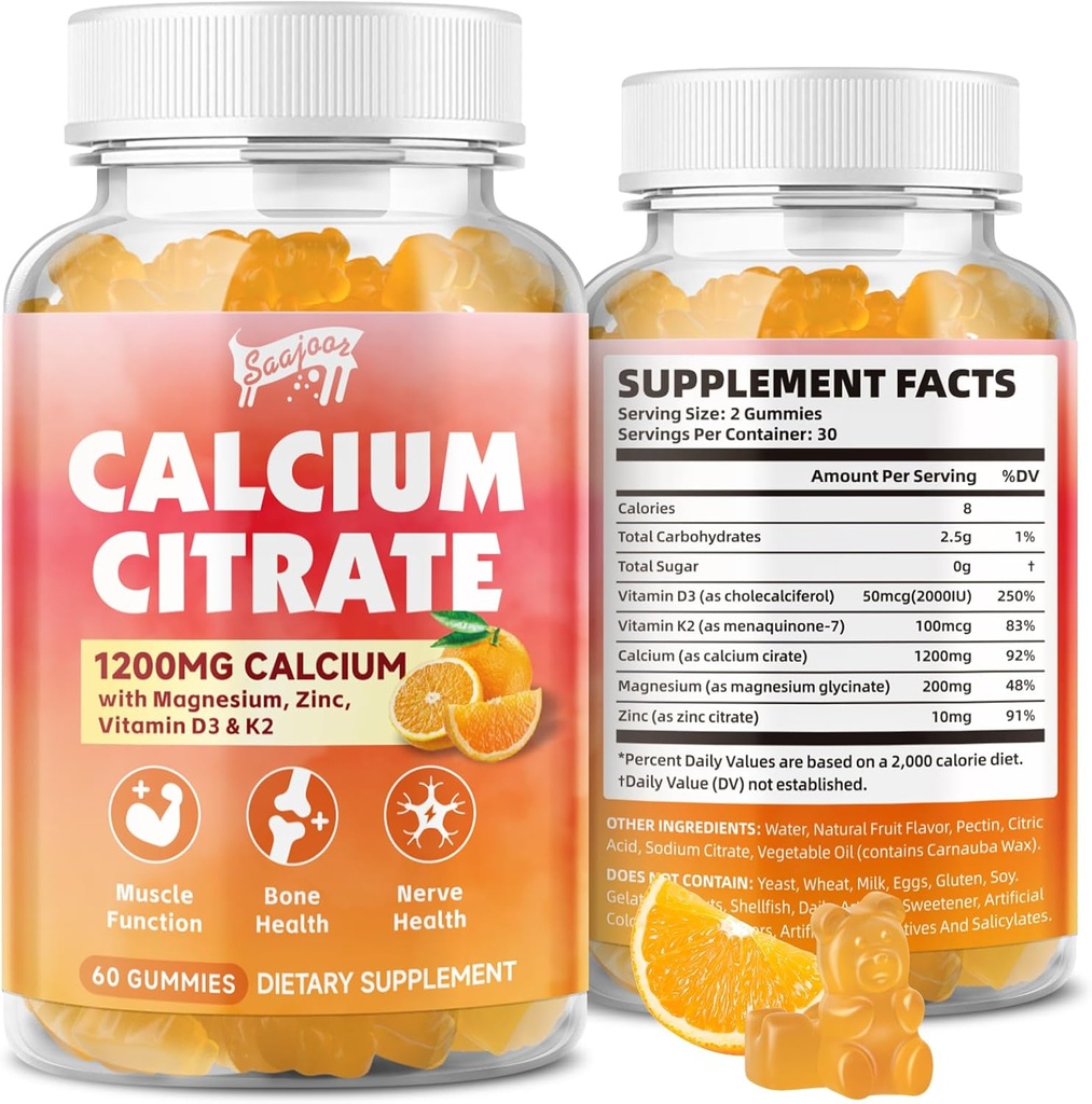 Citrate Gummies Ασβέστιο 1200 mg με βιταμίνη D3, K2, Μαγνήσιο, Ψευδάργυρο, Οστική υποστήριξη για οστά, μύες & αρθρώσεις, Ανοσία & υποστήριξη μνήμης, 60 Count