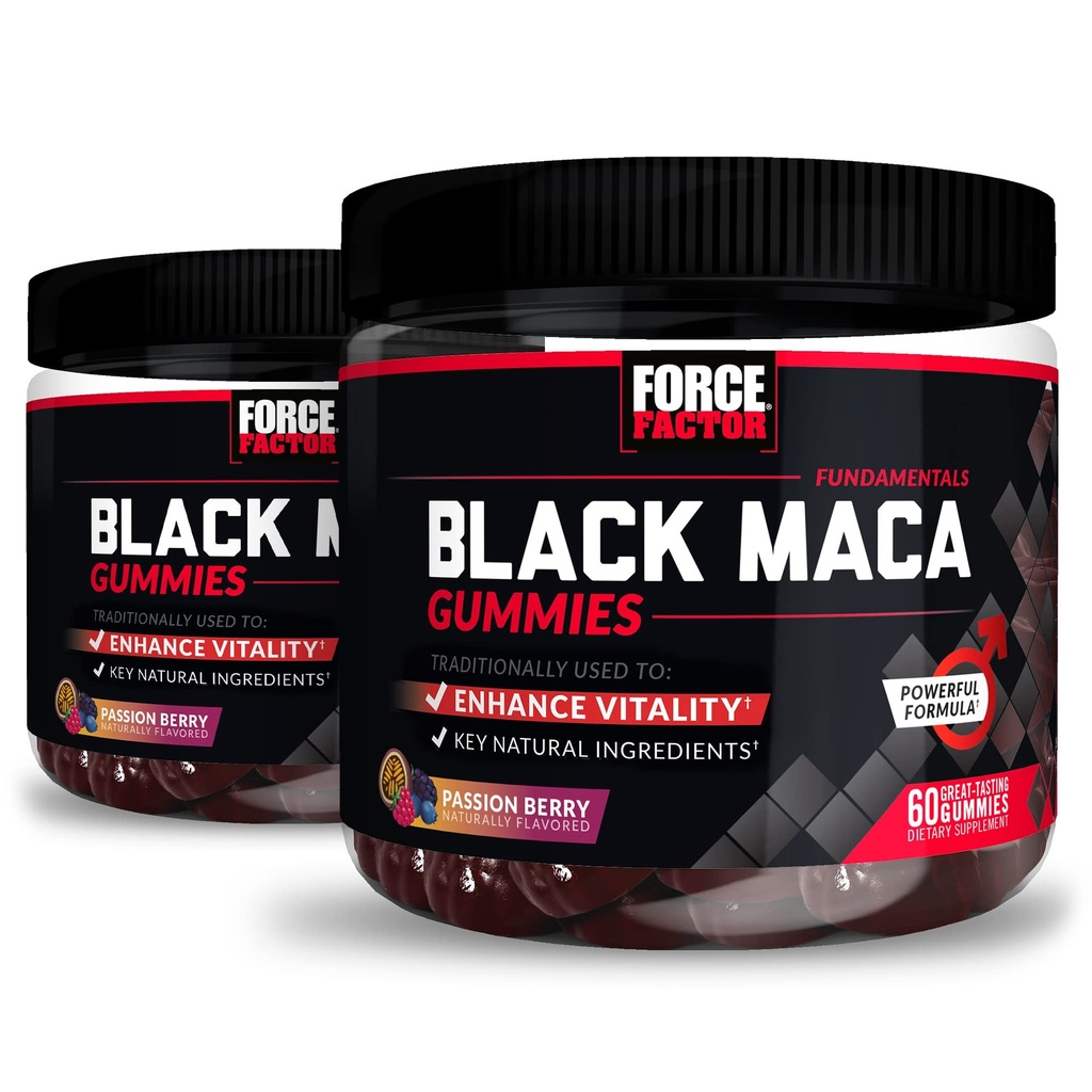 Force Factor Black Maca Gummies, 2-Pack, Black Maca Root για την ενίσχυση της ανδρικής ζωτικότητας, την αύξηση της ενέργειας και της δύναμης, με BioPerine για την ανώτερη απορρόφηση, νοστιμότατο πάθος γεύση μούρων, 120 Gummies