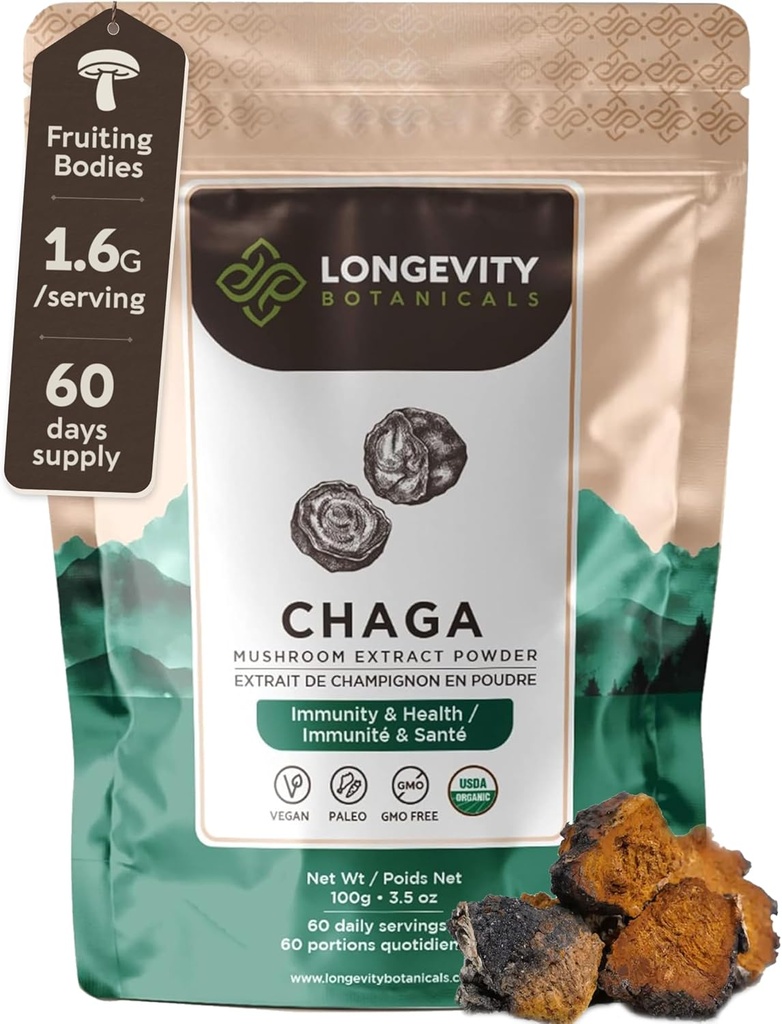 Longevity Botanicals Organic Chaga Mushroom Extract Powder 100g 