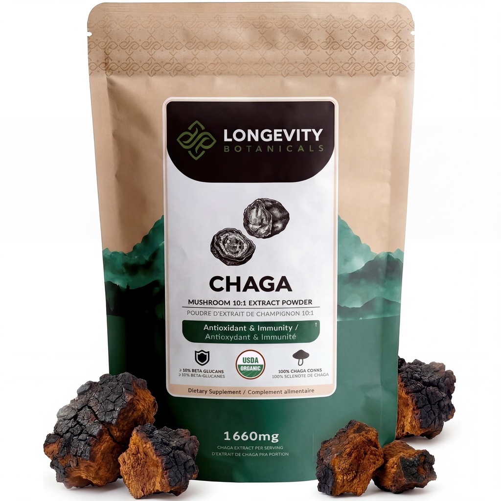 Longevity Botanicals Organic Chaga Mushroom Extract Toz 100g | Yoğun 10:1 Oran | 100 Meyveli Bodies | Inonotus Obliquus Natural Supplement for Immune Function, Antioksis & Vitality