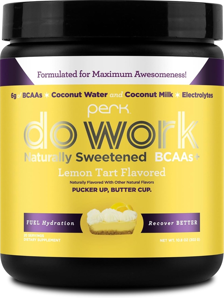 Perk Do Work BCAAs + Hydration Electrolytes Toz (Doğal olarak Tatlılanmış Limon Tart Flavored, 20 Hizmet) - Coconut Water & Coconut Milk Milk