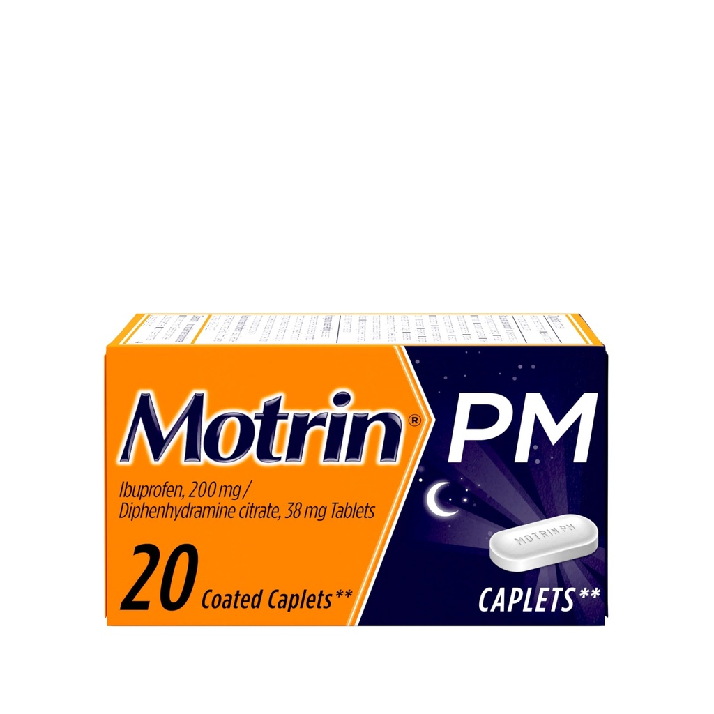 Motrin PM Pain Relief Caplets with 200 mg Ibuprofen & 38 mg Diphenhydramine Sleep Aid, Nighttime Pain Reliever for Minor Aches & Pains Helps You Fall Asleep & Stay Asleep, 20 ct
