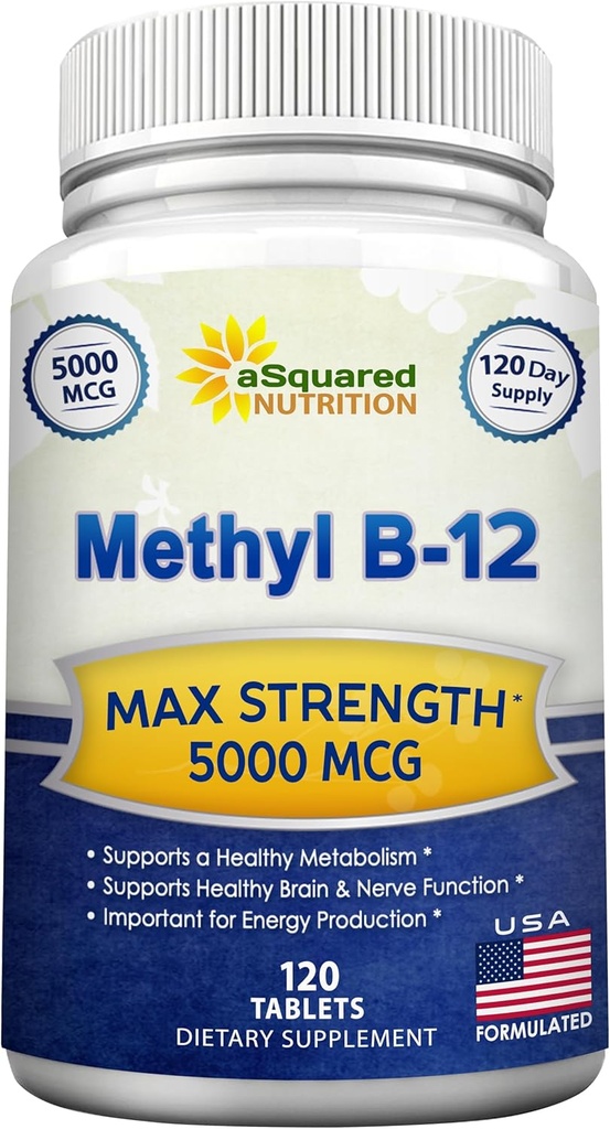ASquared Beslenme Vitamin B12-5000 MCG Methyl B-12 (Methyl B-12) ile Tamam - Max Strength Vitamin B 12 Doğal Enerji, Yararlı Beyin ve Kalp Fonksiyonları - 120 Tablet