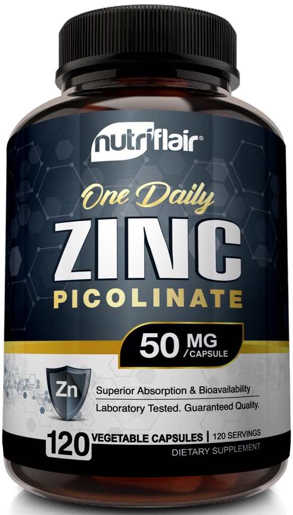 NutriFlair Ψευδάργυρος Picolinate 50mg, 120 κάψουλες - Μέγιστη απορρόφηση Χάπια ψευδαργύρου συμπλήρωμα - Ανοσοποιητικό σύστημα Booster, Άμυνα Ανοσίας, Ισχυρό Αντιοξειδωτικό Μη ΓΤΟ - Σε σύγκριση με το γλυκονικό, Κιτρικό, Οξείδιο