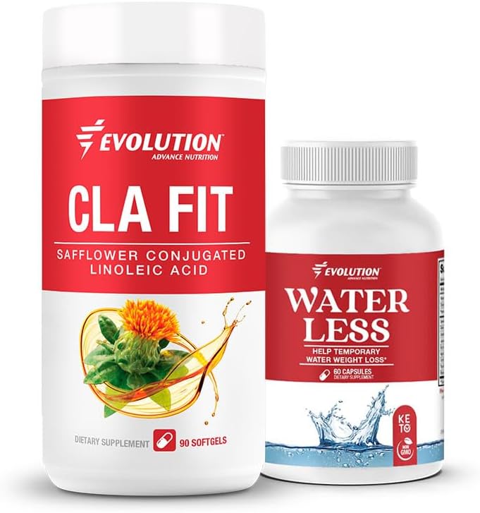 Evolution Advance Sport Nutrition CLA Fit – Safflower Conjugated Linoleic Acid Supplement, Support Lean Muscle Mass, Discover Energy (90 Softgels)+Water Less - Su Retention (60 Capsules)