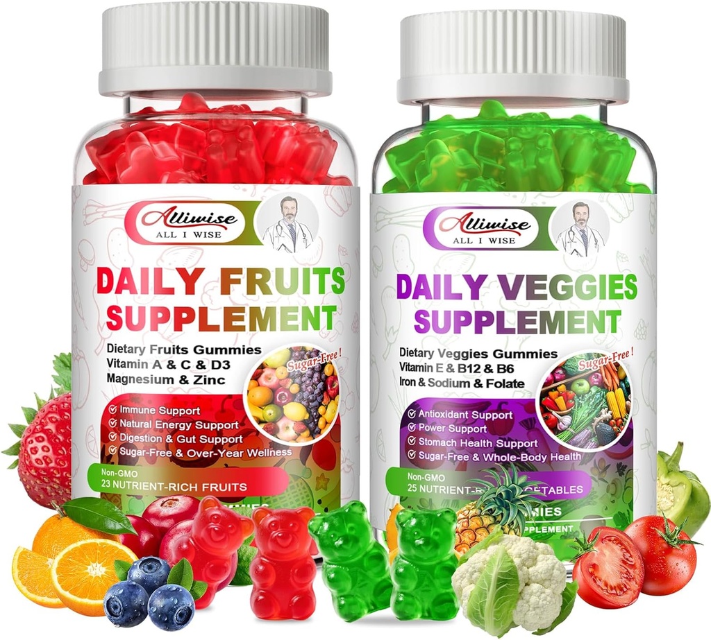 Sugar-Free Fruits and Veggies Supplement, Super Greens Gummies with Multivitamin, Minerals & Fiber, Doğal Meyveler ve Sebzeler Tamam Destekler Immunity, Antioksi & Energy for Women & Men