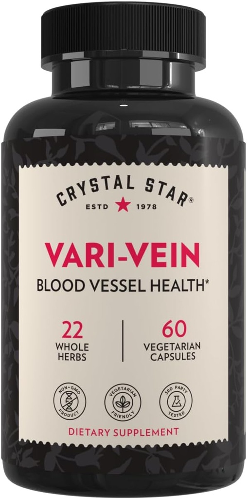 Crystal Star Vari-Vein (60 Capsules) - Herbal Circulation Support Supplement for Varicose Veins & Örümcek Veins Tedavisi - Cadı Hazel, Butcher's Broom, Hawthorn & Horse Chestnut- Non-GMOMO