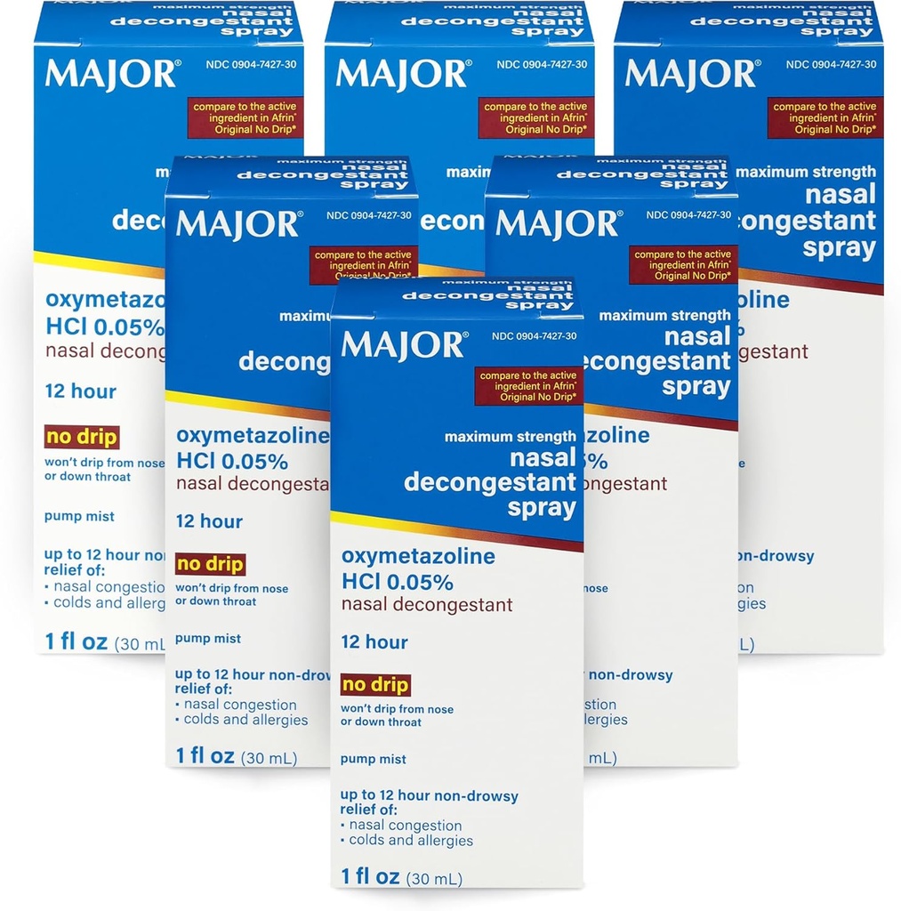MAJOR Maksimum Güçlü Nasal Decongestant Sprey, Oxymetazoline HCl 0.05% Pump Mist, Non-Drowsy Nasal Mix, Nasal Congestion, Colds ve Allergies 1 Fl. Oz. (6-Pack)