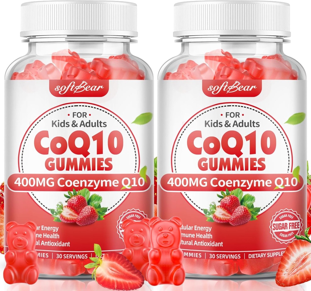 softbear CoQ10 Gummies 400 mg Coenzyme Q10 Supplement for Yetişkinler, High Abxia coq10 Plus Omega-3, Magnezyum, B3 & Çinko for Cellular Energy & Antioksi, Strawberry Flavor 120 Count