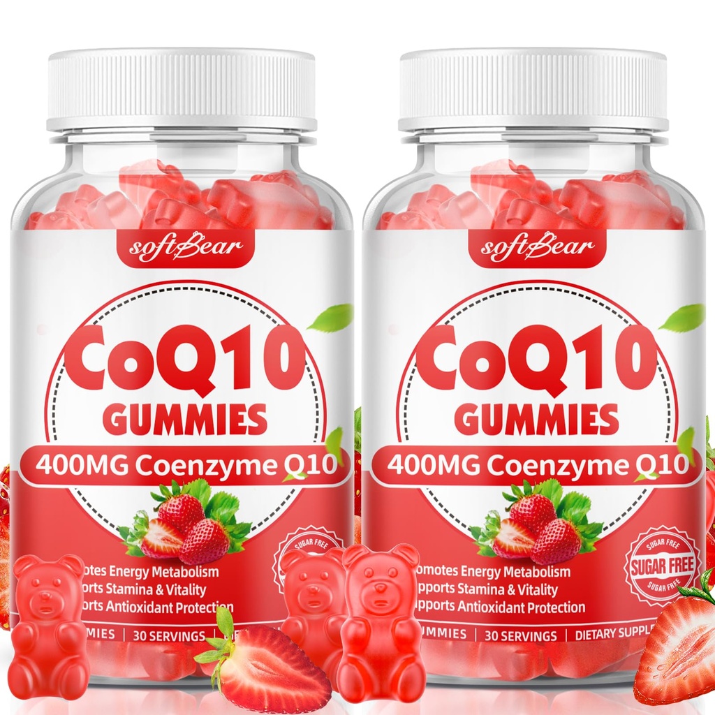 softbear CoQ10 Gummies 400 mg Coenzyme Q10 Supplement for Yetişkinler, High Abxia coq10 Plus Omega-3, Magnezyum, B3 & Çinko for Cellular Energy & Antioksi, Strawberry Flavor 120 Count