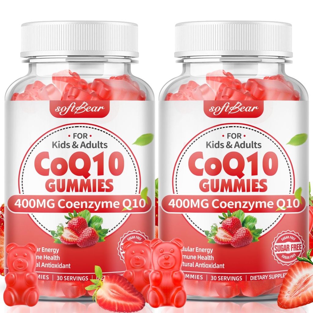 softbear CoQ10 Gummies 400 mg Coenzyme Q10 Supplement for Yetişkinler, High Abxia coq10 Plus Omega-3, Magnezyum, B3 & Çinko for Cellular Energy & Antioksi, Strawberry Flavor 120 Count