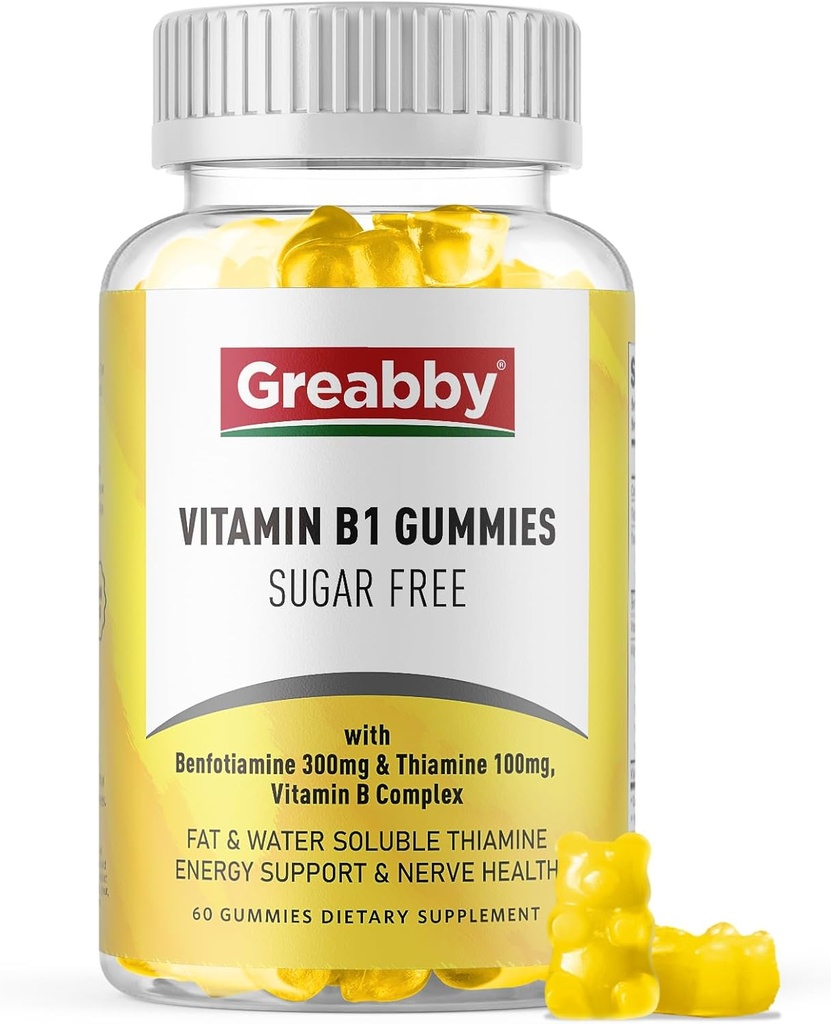 B1 Vitamin Gummies - Benfotimin 300 mg & Thiamine 100 mg, Sugar Free, Vitamin B Complex Chewable Supplement, Energy Boost & Nervous System Health for Women Men, 60 Gummies
