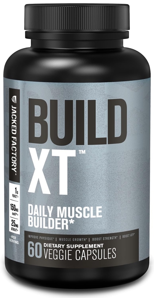 Jacked Factory Build-XT Daily Muscle Builder & Performance Supportr - Muscle Building Supplement for Muscular Strength & growth | Markalı Malzemeler Peak02, ElevATP, & Astragin - 60 Veggie Pills