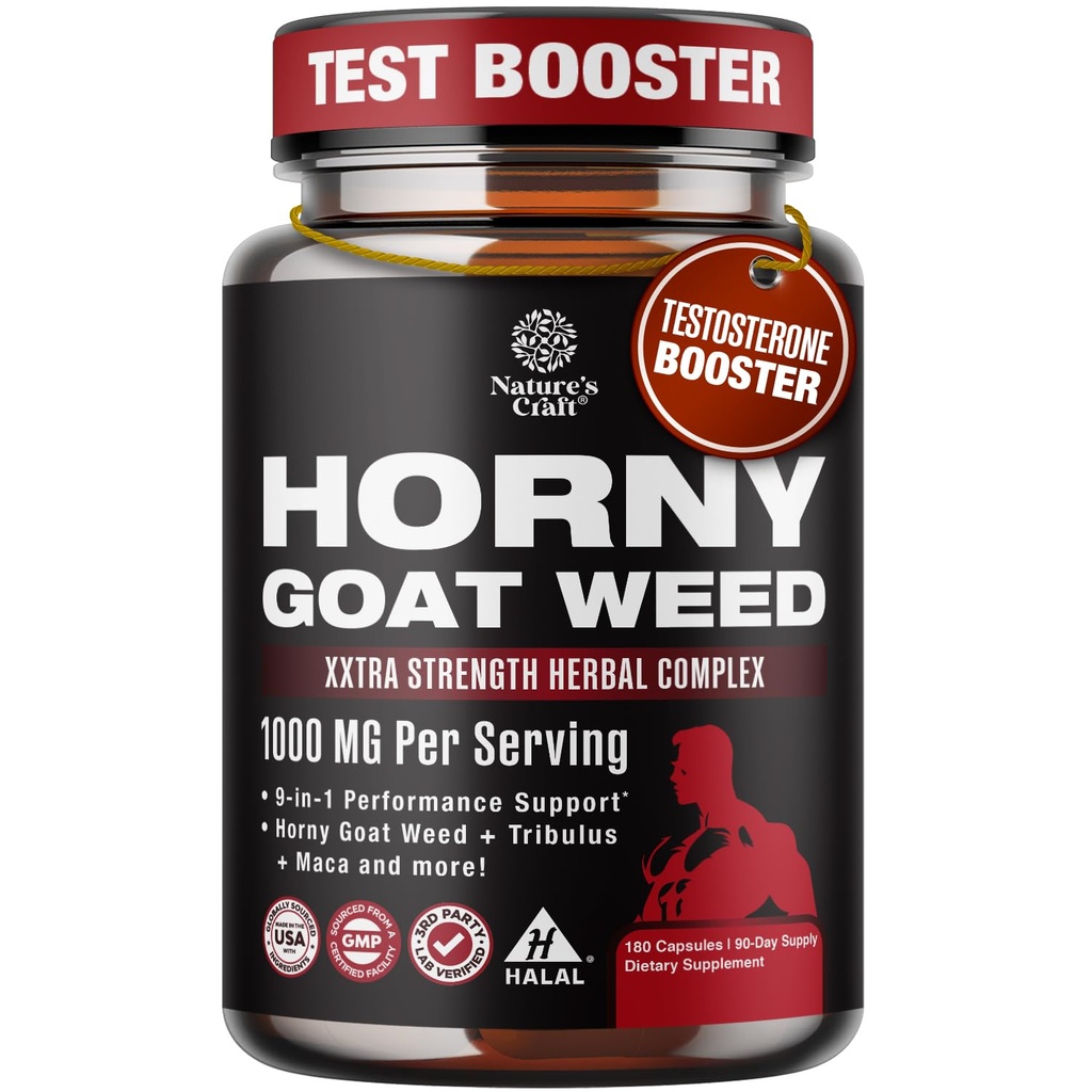 Horny Goat Weed for Men - Ekstra Kuvvetli Erkek Supplement with Black Maca Root, Tongkat Ali, Saw Palmetto & Panax Ginsengi for Stamina & Energy - 180 Capsules