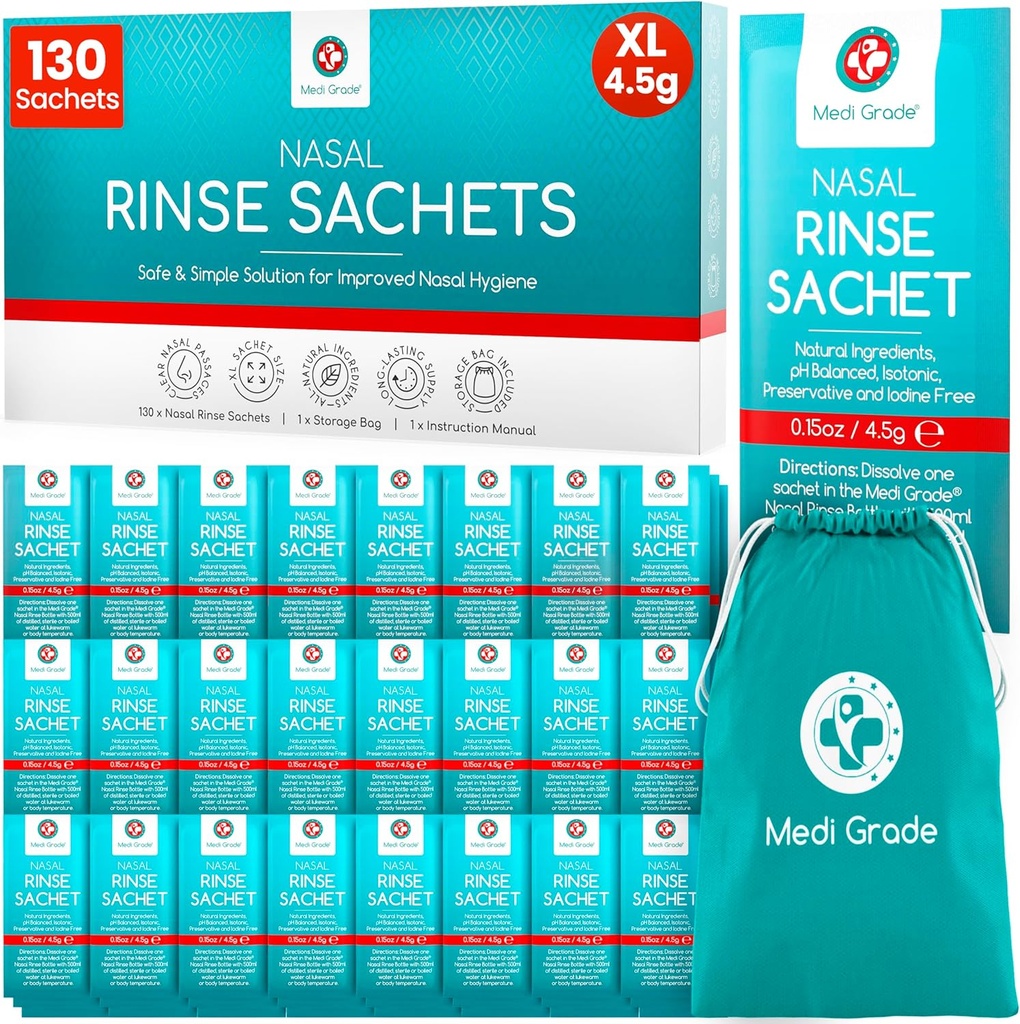 Medi Grade Sinus Rinse Packets – Nasal Rinse Essentials 130 x Salt Packets ve Convenient Storage Bag - Evdeki Effortless Nasal Irrigation in Our Neti Pot Salt Packets