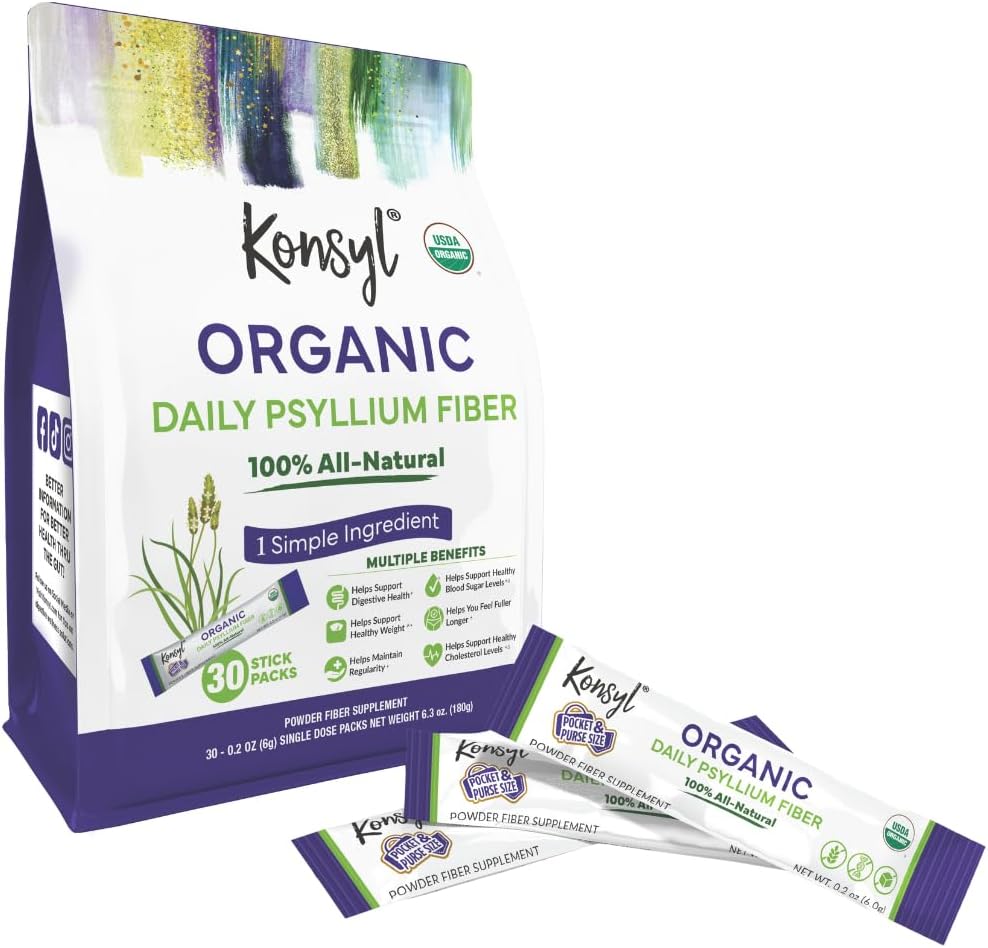 Konsyl Organik Günlük Psyllium Fiber Stick Packs - On-The-Go Fiber Supplement Toz - All-Doğalı Fiber, Gluten-Free & Sugar-Free, Vegan & Keto - 30 Packets