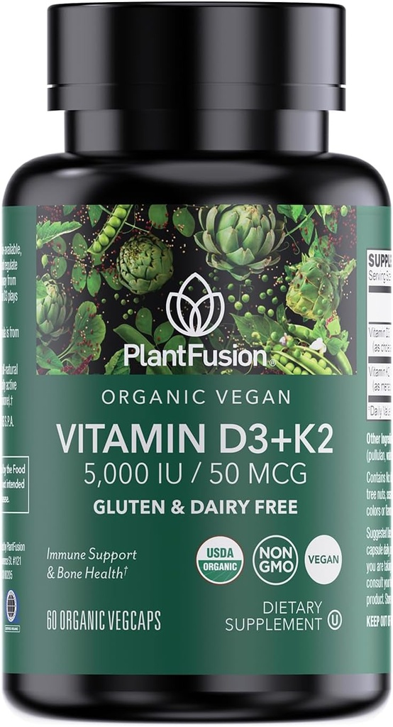 PlantFusion Organik Vitamin D3 + K2 5.000 İ, 50MCG - Bitki bazlı Lichen ve Vitamin K2, Immune Support ve Bone Health için D3 + K2 5000 IU, 50MCG - Vitamin D Kaynağılandı