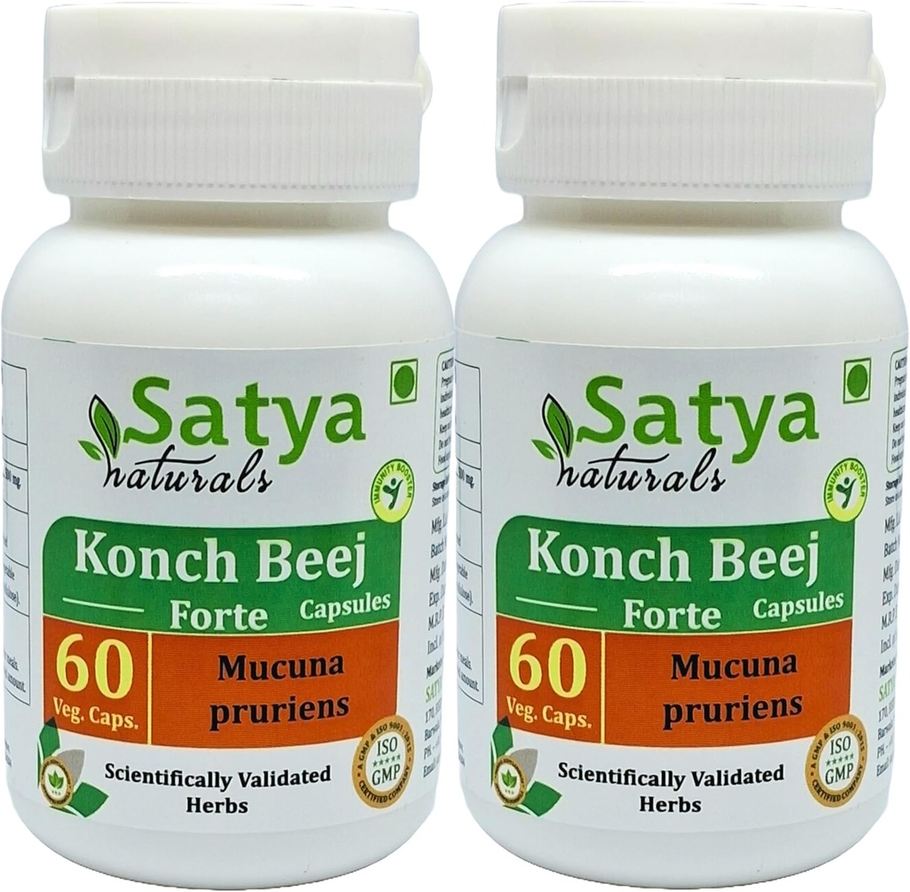 Konch Beej Forte Capsules 500 mg. 60 Veg. Capsule | Konch Beej (Mucuna Pruriens) Erkekler ve kadınlar için Kapsüller | Ayurvedic Herbal Supplement/R kaçtılar | 10:1 Forte (2 Şişeler 60 Capsules)