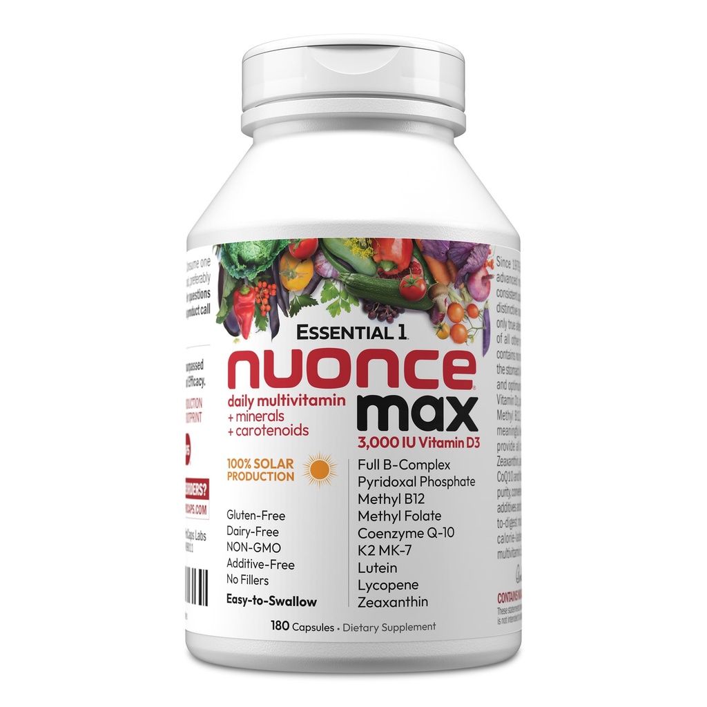 ANDREW LESSMAN Essential-1 nuonce max Multivitamin 3000 IU Vitamin D3 180 Küçük Capsules. 100 mcg Torch B12. CoQ10 Lutein Lycopene Zeaxanthin. Yüksek Potency. Katkı yok. Ultra-Mild One Daily Capsule