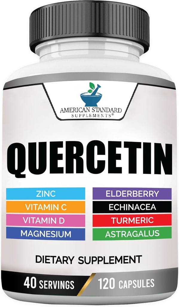 American Standard Supplements Quercetin 1000 mg Per, çinko, C, Vitamin D3, Magnezyum, Elderberry, Echinacea, Turmeric, Astragalus - Gluten Free, Non-GMO, 120 Capsules, 40 Hizmetler