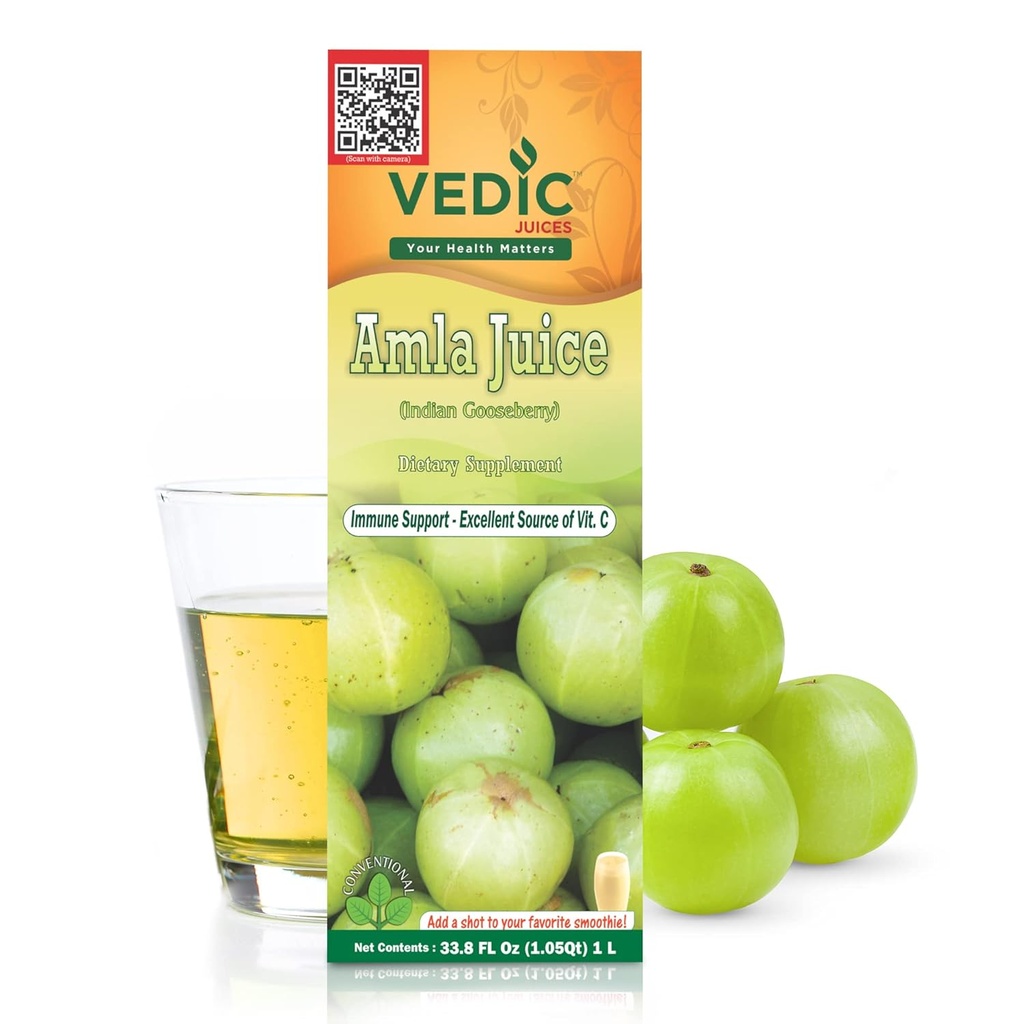 Vedic Juices Amla Juice, Hint Gooseberry Supplement with Vitamin C for Gut Health, and Hair growth, Herbal Drink - 1 Liter