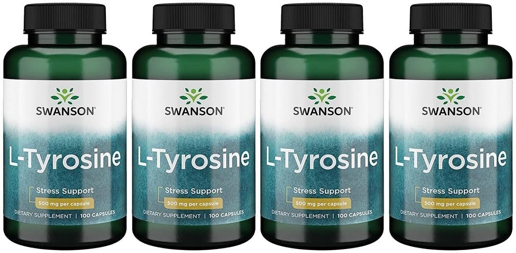 Swanson L-Tyrosine - Amino Asit Stres Desteği, Bilişsel Fonksiyonl - Genel Beyin Sağlığı - (100 Capsules, 500 mg Her) 4 Packs, 500 mg Her)