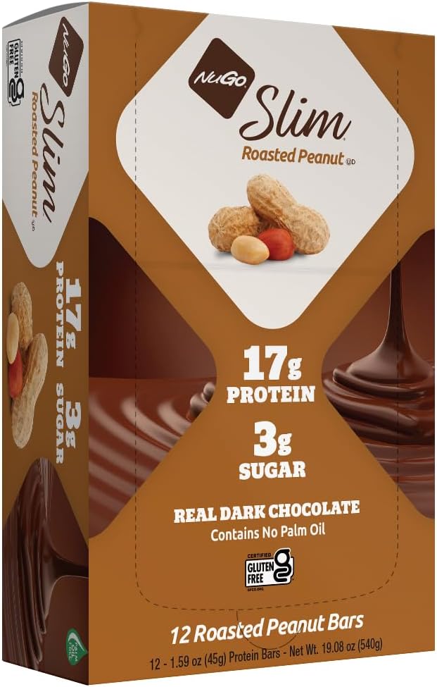 NuGo Slim Dark Chocolate Roasted Peanut, 16g Protein, 2g Sugar, 7g Fiber, Low Net Carb, Keto Friendly, Gluten Free, 12 Count Count