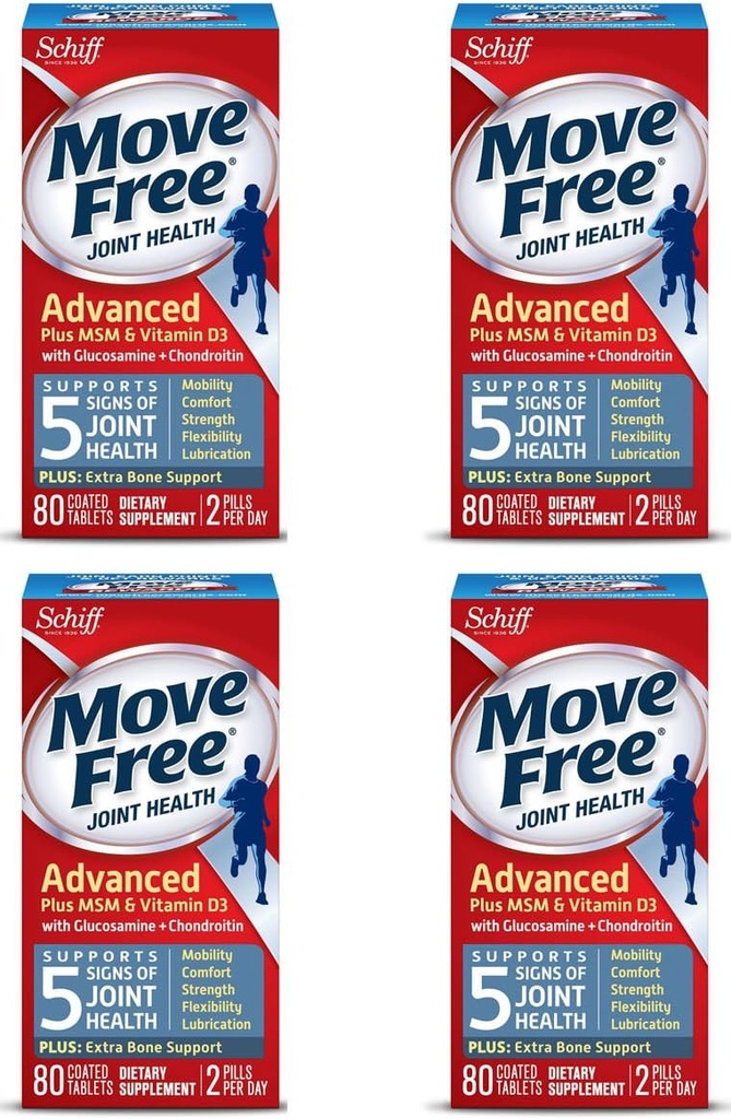 Move Free Advanced Plus MSM and Vitamin D3, 80 tablets - Joint Health Supplement with Glucosamine and Chondroitin (Pack of 4)