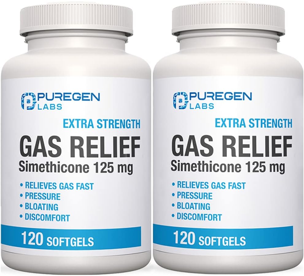 P Puregen Laboratuvarları Simethicone 125 mg ile Ekstra Güç Gazı Yardımı | Hızlı Baskı, Bloating ve Painful Discomfort - 2 Pack | Toplam 240 Softgels