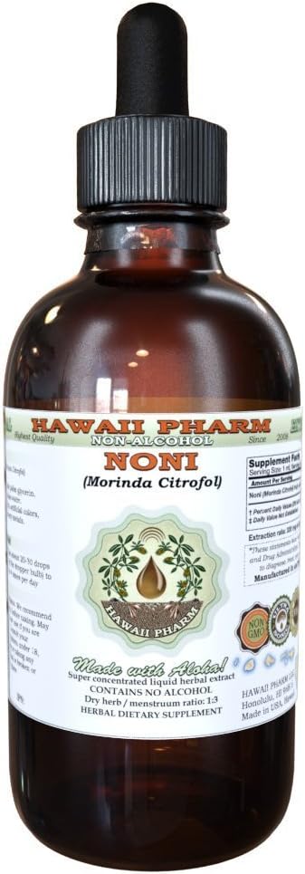 Noni Alkol-Free Liquid Extract, Organic Noni (Morinda citrifolia) kuru meyve Glycerite Natural Herbal Supplement, Hawaii Pharm, USA 2 fl.oz