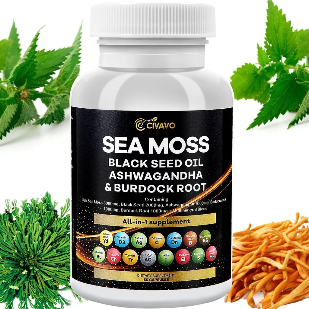 Sea Moss 3000 mg Black Seed Oil 2000 mg Ashwagandha 1000 mg Bladderwrack 1000 mg Turmeric 1000 mg Burdock 1000 mg C & D3 Elder Manuka Dandelion Sarı Dockophyll ACV