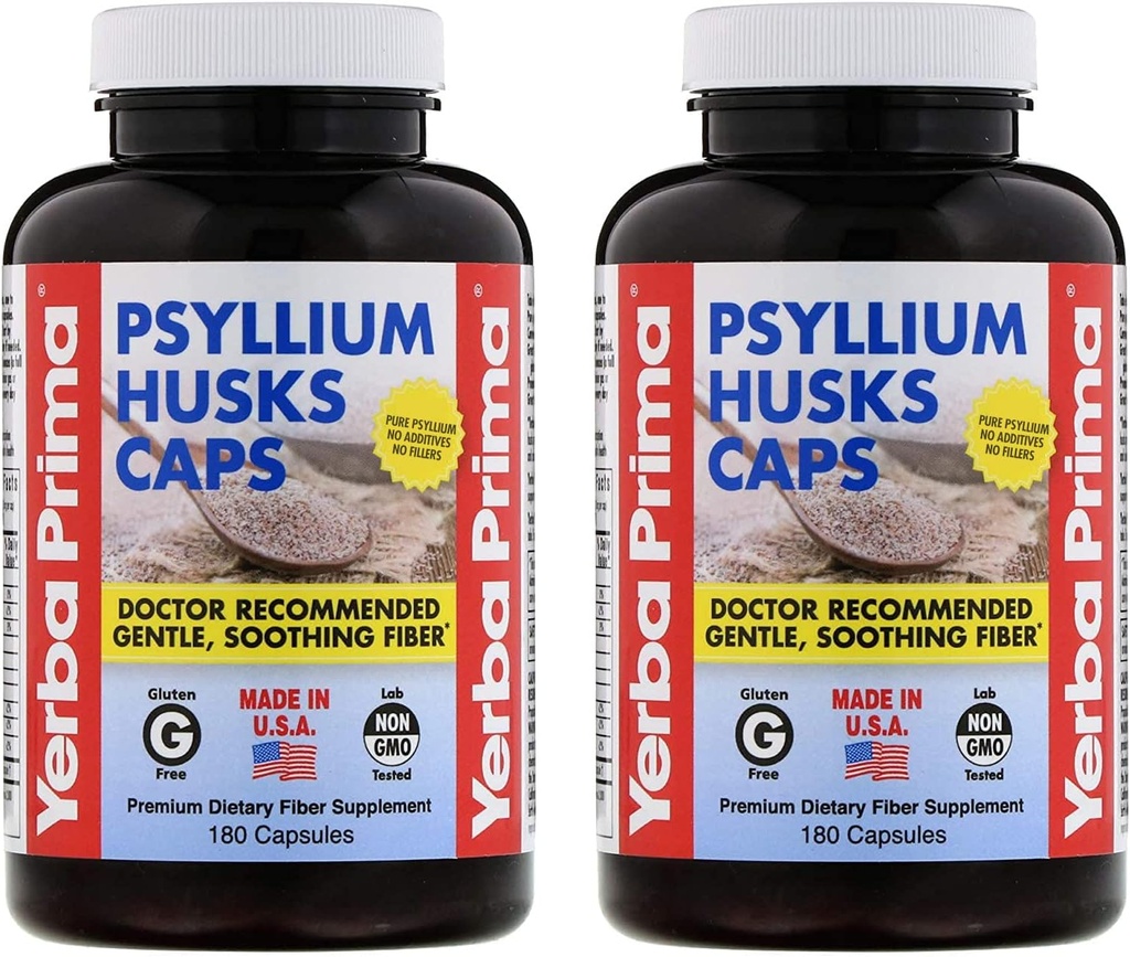 Yerba Prima Psyllium Husks Caps 180 kapaklar ( 2) - Doğal Fiber Supplement ve Kolon Temiz - Gut Health - Non-GMO Gluten Ücretsiz