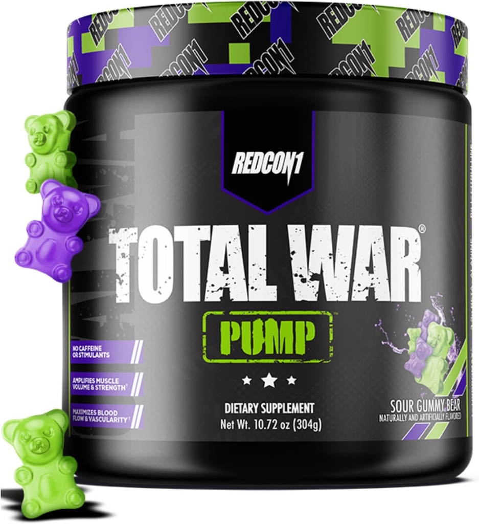 REDCON1 Stim & Caffeine Free Pre Workout Toz for Women & Men - Total War Pump - L-Citrulline, Beta Alanine & More - Herhangi Bir Gün Zamanında Çalışın - Sour Gummy Bear (10.72 oz)