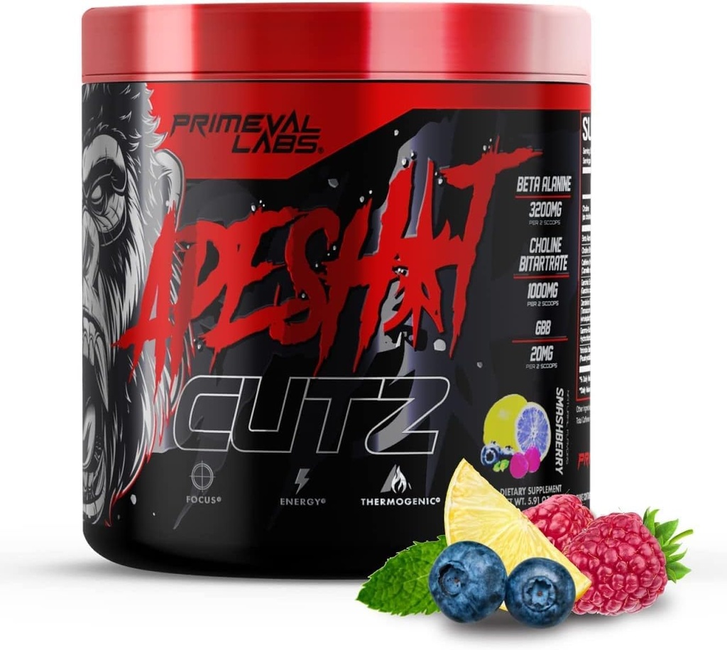 Primeval Laboratuvarları Ape Cutz Pre Workout Toz | Bilimsel Olarak Formüle edilmiş | Beta Alanine ile Artan Performans | Post Workout Drink & Energy ATM 50 Servisler Smashberry