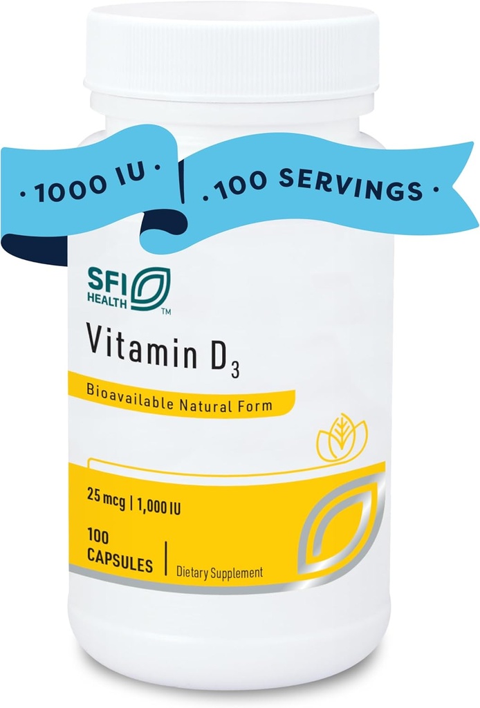 Klaire Labs SFI Health Vitamin D3 1000 IU - Υψηλή ισχύς 25 μικρογραμμάρια, Υποαλλεργική Οστική & Ανοσολογική Υποστήριξη (100 κάψουλες)